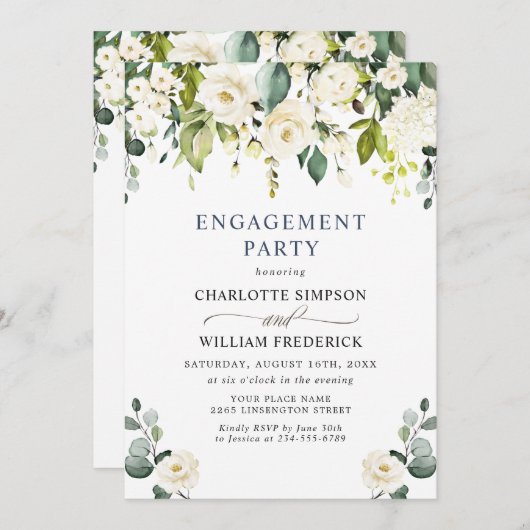 Invitation Elégant Eucalyptus White Roses ENGAGEMENT PARTI (Devant / Derrière)