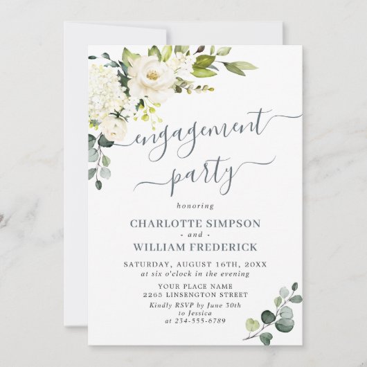 Invitation Elégant Eucalyptus White Roses ENGAGEMENT PARTI (Devant)