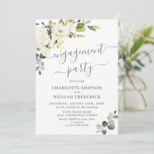 Invitation Elégant Eucalyptus White Roses ENGAGEMENT PARTI (Debout devant)