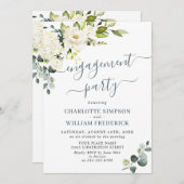 Invitation Elégant Eucalyptus White Roses ENGAGEMENT PARTI (Devant / Derrière)