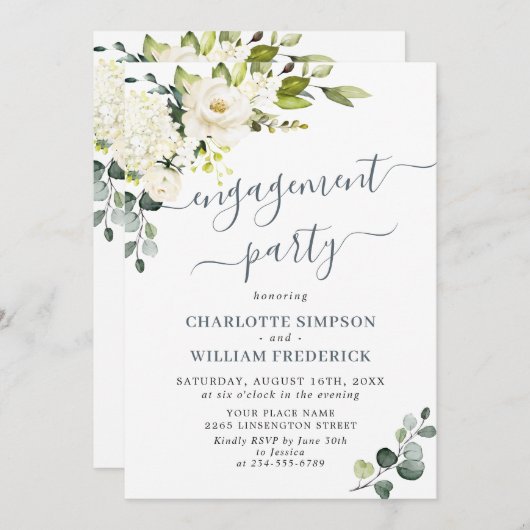 Invitation Elégant Eucalyptus White Roses ENGAGEMENT PARTI (Devant / Derrière)