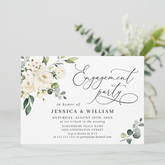 Invitation Elégant Eucalyptus White Roses ENGAGEMENT PARTI (Debout devant)