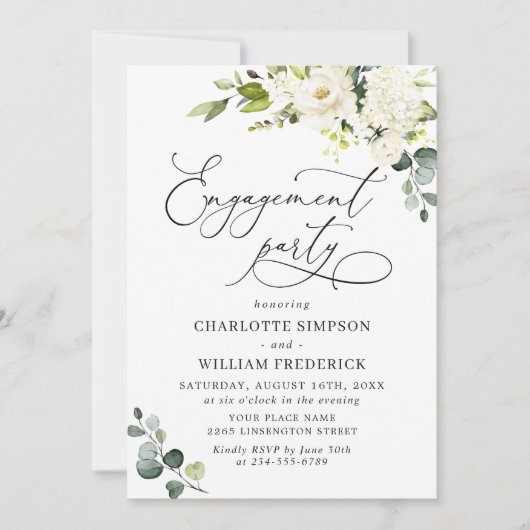 Invitation Elégant Eucalyptus White Roses ENGAGEMENT PARTI (Devant)