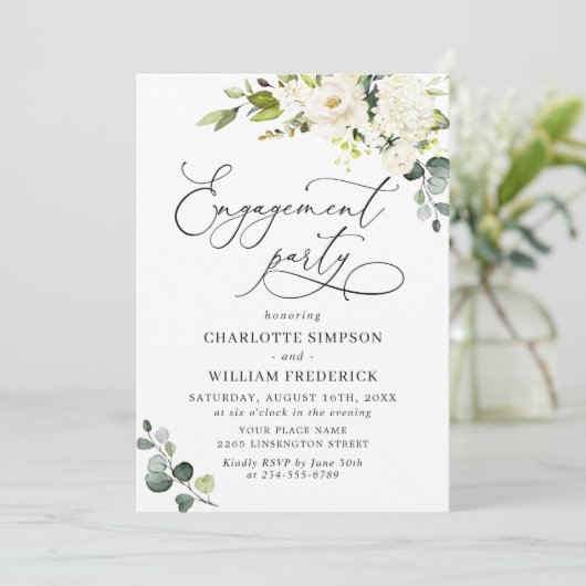 Invitation Elégant Eucalyptus White Roses ENGAGEMENT PARTI (Debout devant)