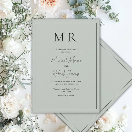 Invitation Élégant Faire Mariage Moderne Monogrammé Vert Saug