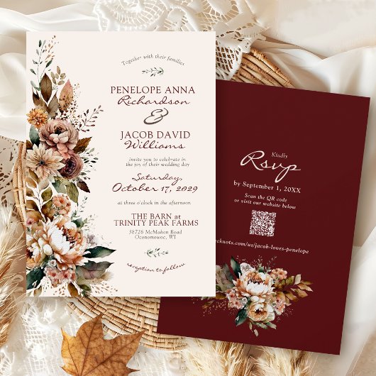 Invitation Elegant Fall Floral Burgundy Boho Autumn Wedding