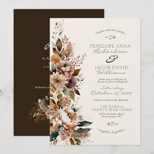 Invitation Elegant Fall Floral Dark Brown Boho Autumn Wedding (Devant / Derrière)