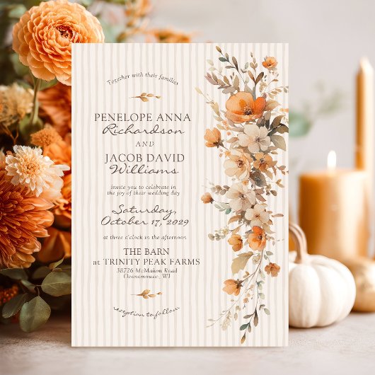 Invitation Elegant Fall Floral Ivory Striped Autumn Wedding