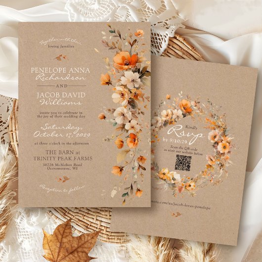 Invitation Elegant Fall Floral Rustic Kraft Autumn QR Wedding
