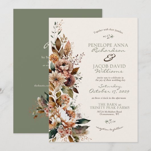 Invitation Elegant Fall Floral Sage Green Boho Autumn Wedding (Devant / Derrière)