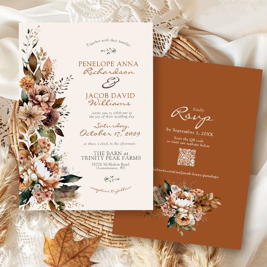 Invitation Elegant Fall Floral Terracotta Boho Autumn Wedding