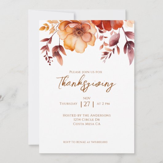 Invitation Elegant Fall Floral Thanksgiving Party (Devant)