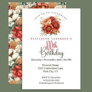 Invitation Elegant Fall Peony and Mum 100th Birthday