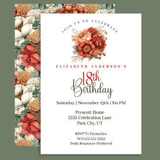 Invitation Elegant Fall Peony and Mum 18th Birthday