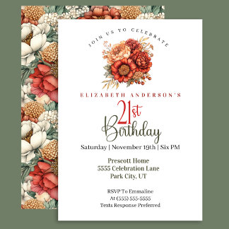 Invitation Elegant Fall Peony and Mum 21st Birthday