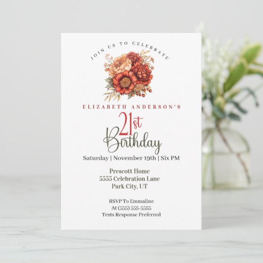 Invitation Elegant Fall Peony and Mum 21st Birthday (Debout devant)