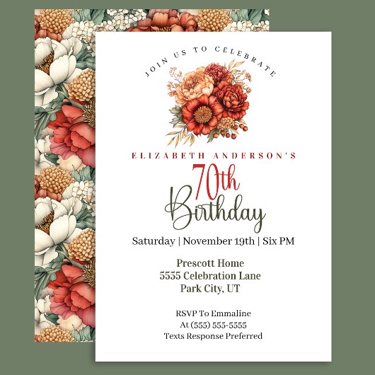 Invitation Elegant Fall Peony and Mum 70th Birthday
