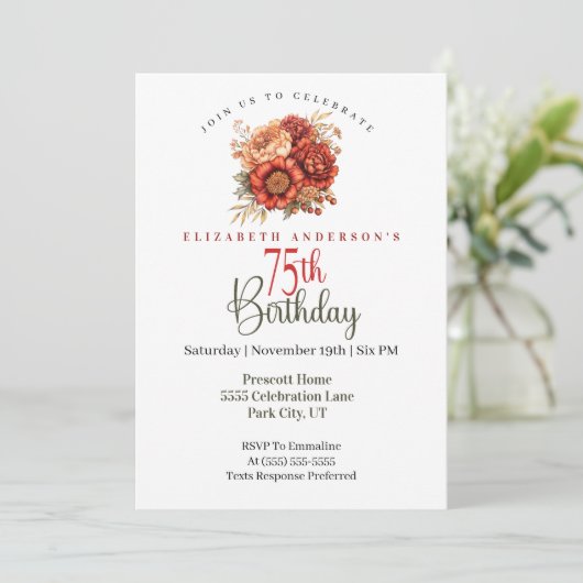 Invitation Elegant Fall Peony and Mum 75th Birthday (Debout devant)
