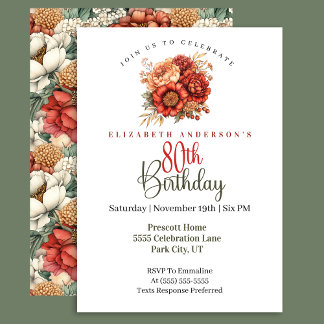 Invitation Elegant Fall Peony and Mum 80th Birthday