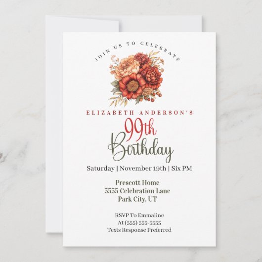 Invitation Elegant Fall Peony and Mum 99th Birthday (Devant)