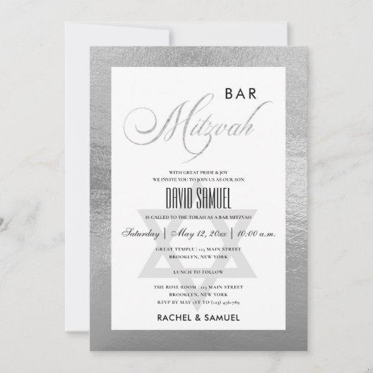 INVITATION ÉLÉGANT FAUX ARGENT SIMPLE BARRE DE MAIN MITZVAH (Devant)