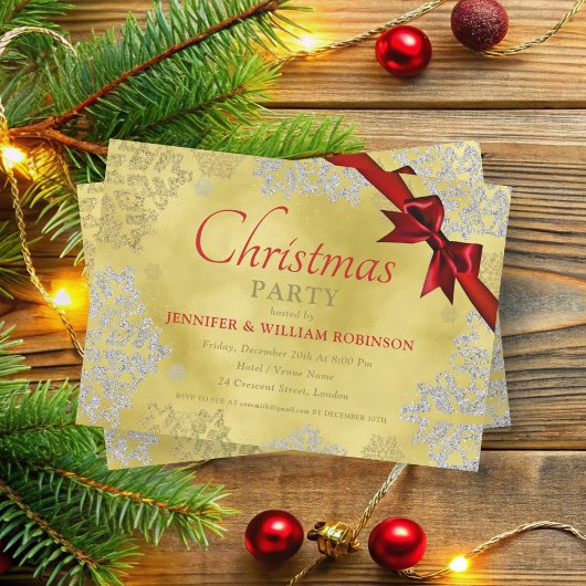 Invitation Élégant FAUX Foil Snowflakes Xmas Ribbon