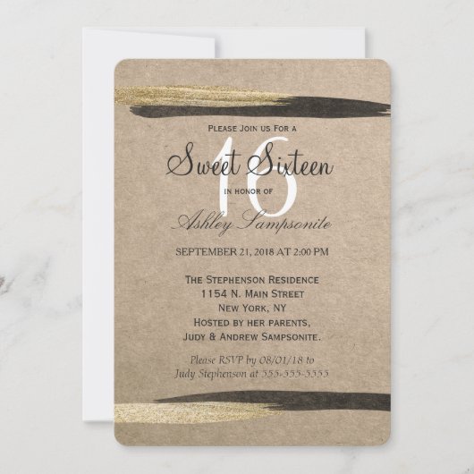 Invitation Élégant Faux Gold & Black Paint Strokes (Devant)