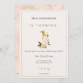 Invitation Elégant Faux Gold Floral Minimal 1er anniversaire (Devant / Derrière)