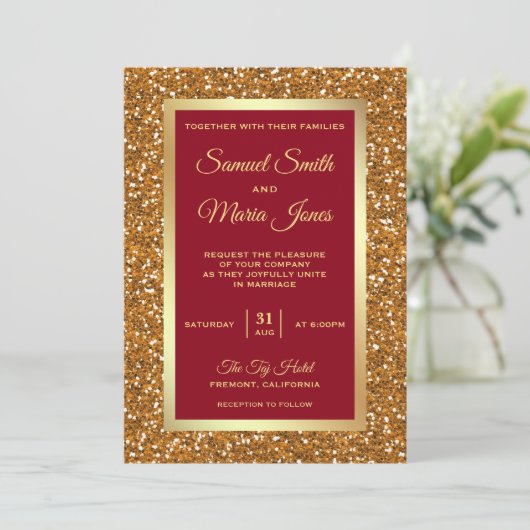 Invitation Elégant Faux Gold Foil Parties scintillant Maroon (Debout devant)