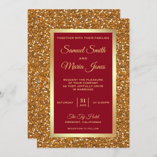 Invitation Elégant Faux Gold Foil Parties scintillant Maroon  (Devant / Derrière)