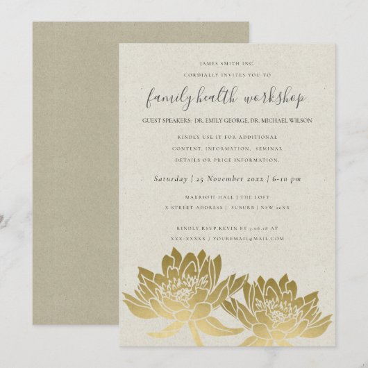 INVITATION ÉLÉGANT FAUX GOLD LOTUS KRAFT ATELIER (Devant / Derrière)