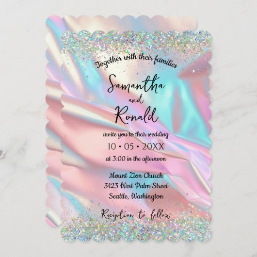 Invitation Elégant Faux Iridescente Foil et Mariage de Partie (Devant / Derrière)