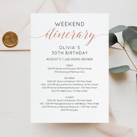 Invitation Elégant Faux Rose Gold Weekend Anniversaire