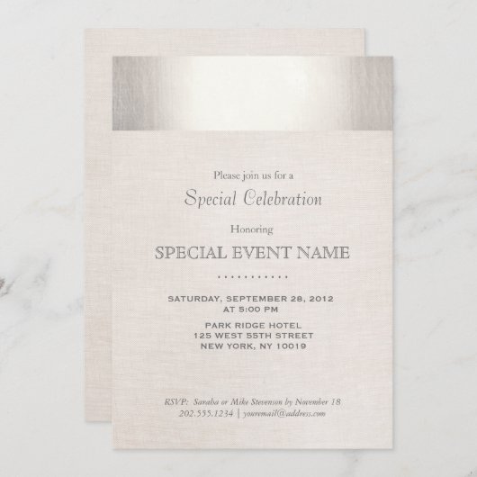 Invitation Elégant Faux Silver rayé Beige Lin Look (Devant / Derrière)