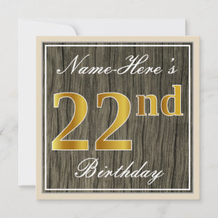 Invitation Elégant, Faux Wood, Faux Gold 22e Anniversaire + N