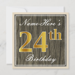 Invitation Elégant, Faux Wood, Faux Gold 24ème Anniversaire +