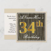 Invitation Elégant, Faux Wood, Faux Gold 34ème Anniversaire + (Devant / Derrière)