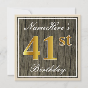Invitation Elégant, Faux Wood, Faux Gold 41st Birthday + Nom