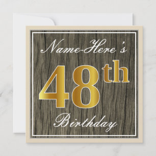 Invitation Elégant, Faux Wood, Faux Gold 48ème Anniversaire +