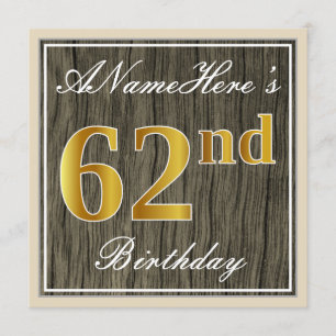 Invitation Elégant, Faux Wood, Faux Gold 62e anniversaire + N