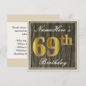 Invitation Elégant, Faux Wood, Faux Gold 69e Anniversaire + N (Devant / Derrière)
