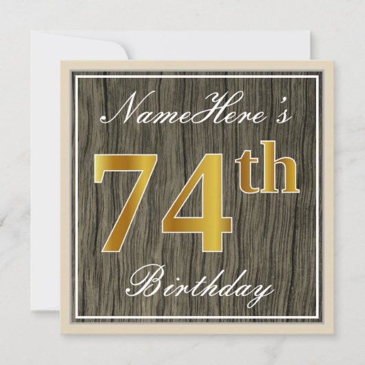 Invitation Elégant, Faux Wood, Faux Gold 74ème Anniversaire + (Devant)