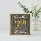 Invitation Elégant, Faux Wood, Faux Gold 7e anniversaire + No (Debout devant)