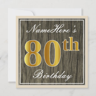 Invitation Elégant, Faux Wood, Faux Gold 80e Anniversaire + N