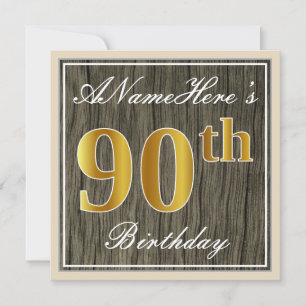 Invitation Elégant, Faux Wood, Faux Gold 90e Anniversaire + N