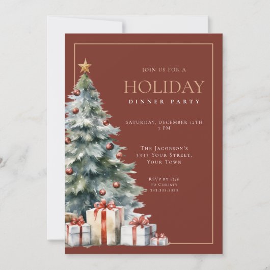 Invitation Elegant Festive Red Gold Holiday Dinner Party (Devant)