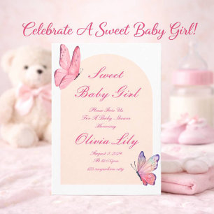 INVITATION ÉLÉGANT FÊTE DE NAISSANCE BÉBÉ FILLE PAPILLONS ROS