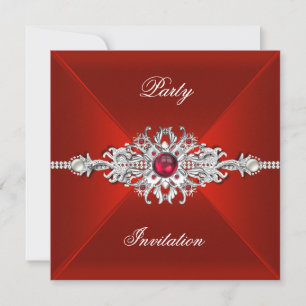 Invitation Élégant Fête Toutes Occasions Rouge Bijou Argent