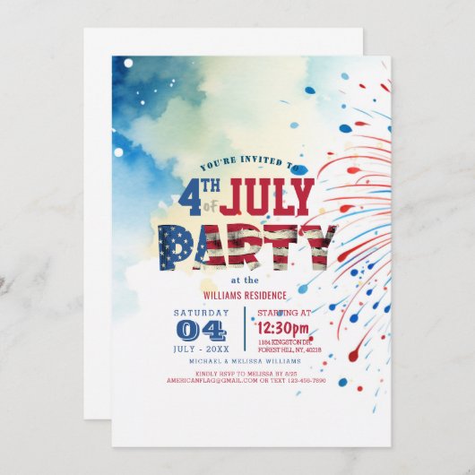 Invitation Élégant feu d'artifice du Parti I du 4 juillet (Devant / Derrière)