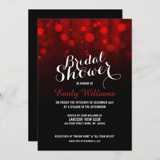 Invitation Elégant feu rouge à cordes bokeh douche nuptiale (Devant / Derrière)